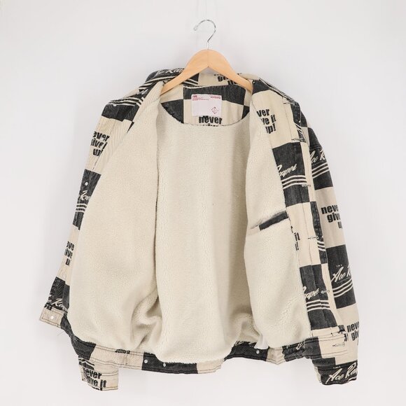 ACE REAPER Black/Off-White Checkerboard Graphic Print Denim Fleece Lined Jacket - Picture 4 of 9